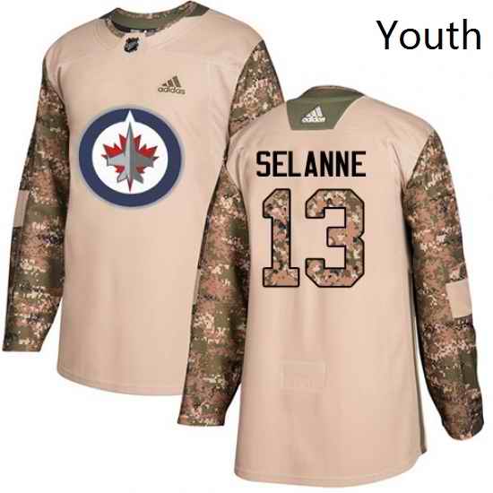 Youth Adidas Winnipeg Jets 13 Teemu Selanne Authentic Camo Veterans Day Practice NHL Jersey